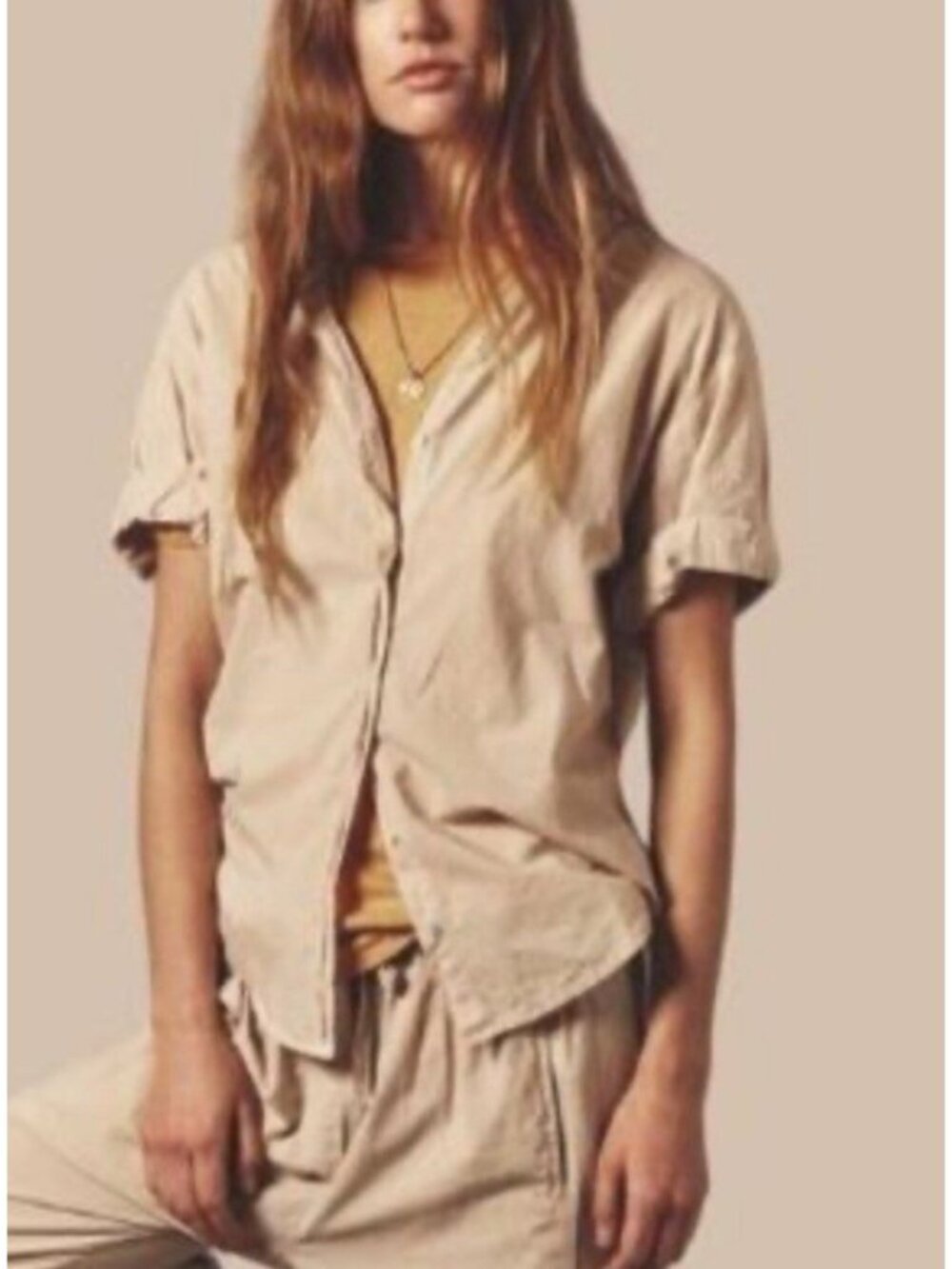 Xirena Channing Shirt Neutral Tan Roll Short Sleeve Costal Minimalist Oversized
